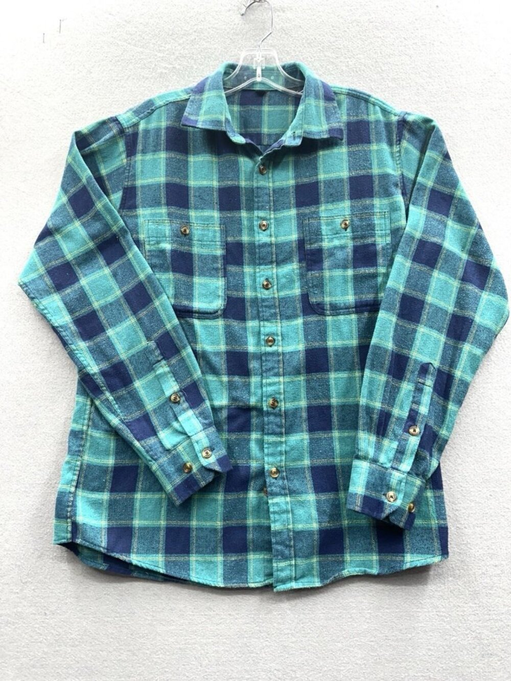 Vintage Plaid Flannel Shirt Mens M Blue Green Tartan Check Two Pocket Casual Top